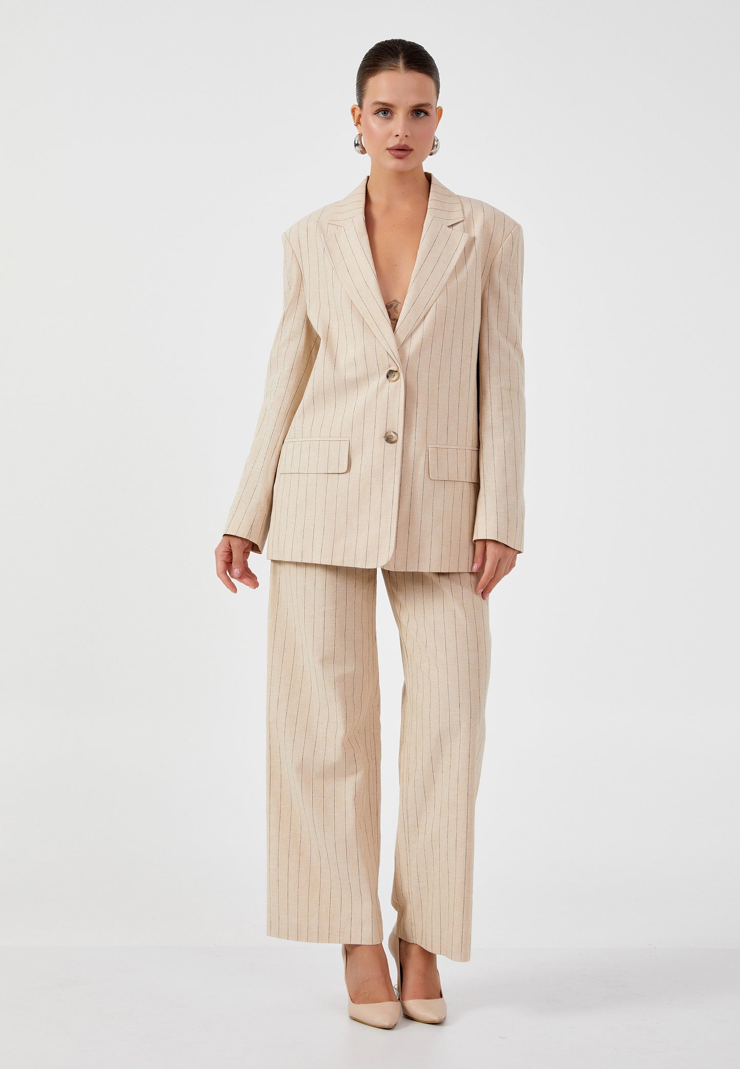 Tailleur Beige Rayé - Veste et Pantalon